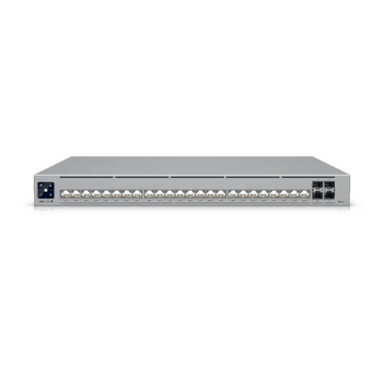Ubiquiti USW-Pro-HD-24-PoE front panel showcasing illuminated Etherlighting ports and touchscreen interface.
