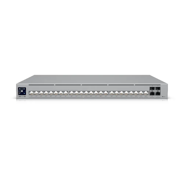 Ubiquiti USW-Pro-HD-24-PoE front panel showcasing illuminated Etherlighting ports and touchscreen interface.