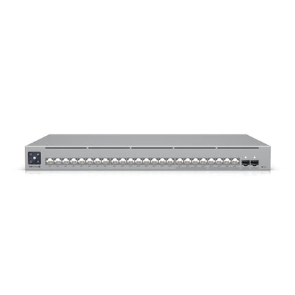 Ubiquiti USW-Pro-Max-24-PoE 24-port Layer 3 switch front panel with active Etherlighting ports