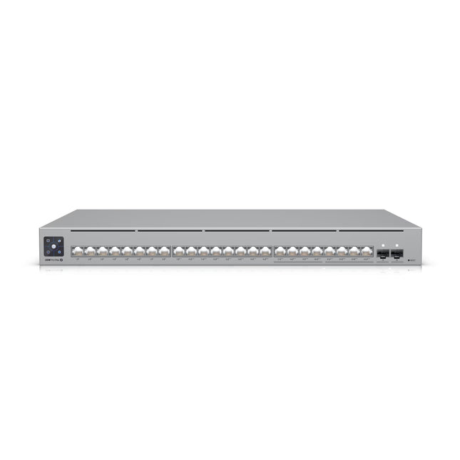 Ubiquiti USW-Pro-Max-24-PoE 24-port Layer 3 switch front panel with active Etherlighting ports