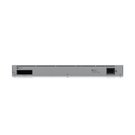 Ubiquiti USW-Pro-Max-24-PoE rear view highlighting the AC power inlet and USP-RPS DC backup connector
