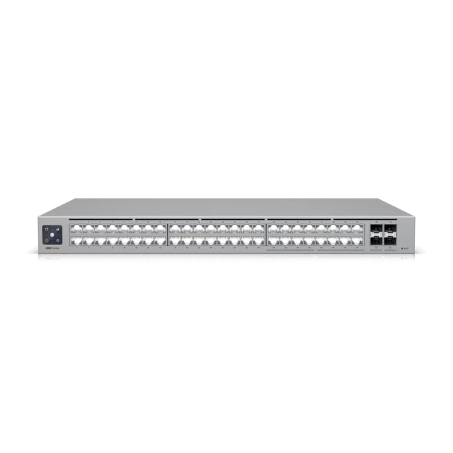 Front view of the Ubiquiti UniFi Pro Max 48-port Layer 3 switch showing the status display screen and sleek silver rackmountable chassis.