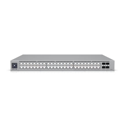 Ubiquiti USW-Pro-Max-48-PoE 48-Port Managed Switch featuring illuminated Etherlighting RJ45 ports and LCM touch display.