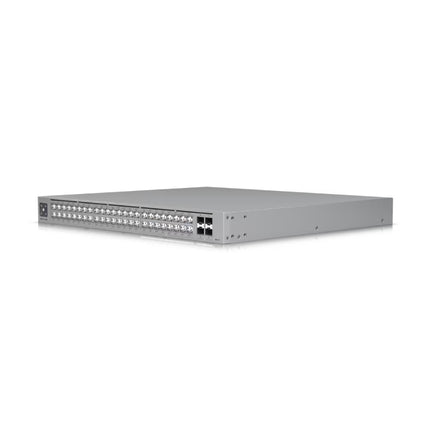 Rear panel of Ubiquiti USW-Pro-Max-48-PoE showing AC power input and USP-RPS DC redundant power connector.