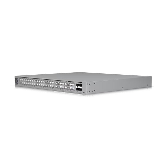 Rear panel of Ubiquiti USW-Pro-Max-48-PoE showing AC power input and USP-RPS DC redundant power connector.
