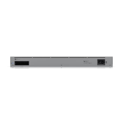 The Ubiquiti Pro Max 48 network switch mounted inside an IT server rack with connected Ethernet cables matching the active Etherlighting indicators.