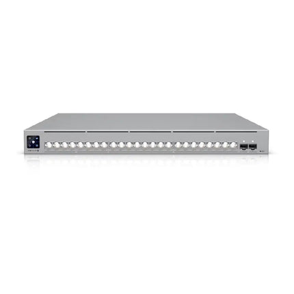 Front view of the Ubiquiti USW-Pro-XG-24 Layer 3 switch showing multi-gigabit ports and LCM touchscreen.