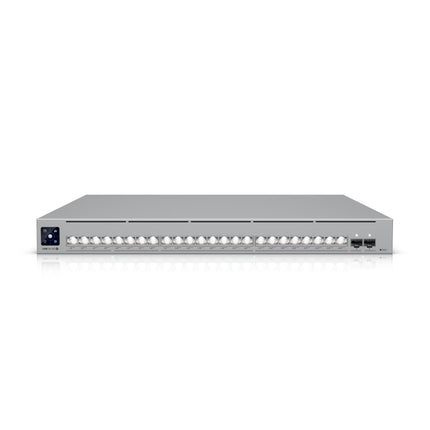 Ubiquiti USW-Pro-XG-24-PoE 24-port 10GbE PoE++ switch front panel view with status LEDs