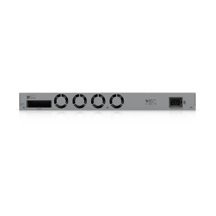 Rear view of the Ubiquiti USW-Pro-XG-24 enterprise switch highlighting power and cooling configuration.