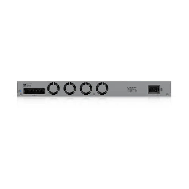 Rear view of the Ubiquiti USW-Pro-XG-24 enterprise switch highlighting power and cooling configuration.