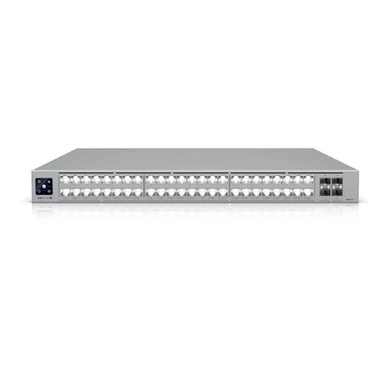 view of the Ubiquiti USW-Pro-XG-48-PoE managed switch highlighting its 48 high-density ports and touchscreen display.