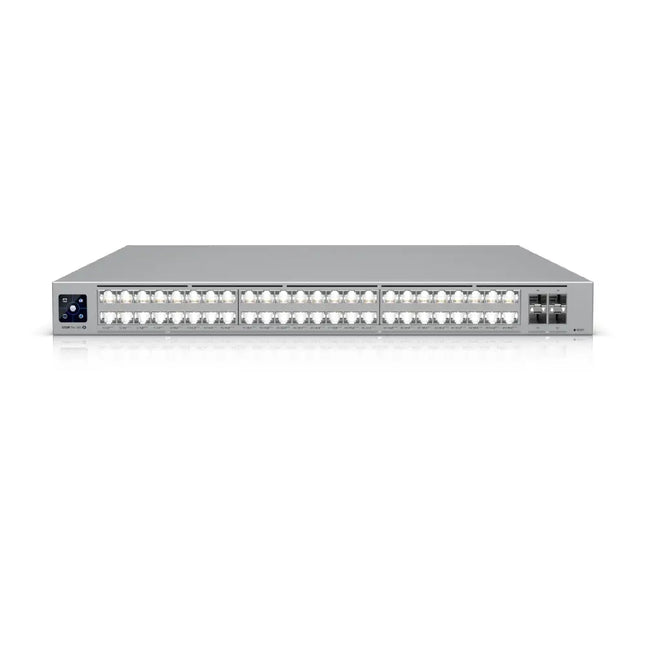 view of the Ubiquiti USW-Pro-XG-48-PoE managed switch highlighting its 48 high-density ports and touchscreen display.