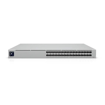 Front view of the Ubiquiti USW-Pro-XG-Aggregation 32-port switch showcasing its 1.3-inch touchscreen and illuminated ports.