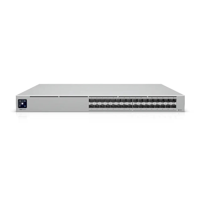 Front view of the Ubiquiti USW-Pro-XG-Aggregation 32-port switch showcasing its 1.3-inch touchscreen and illuminated ports.