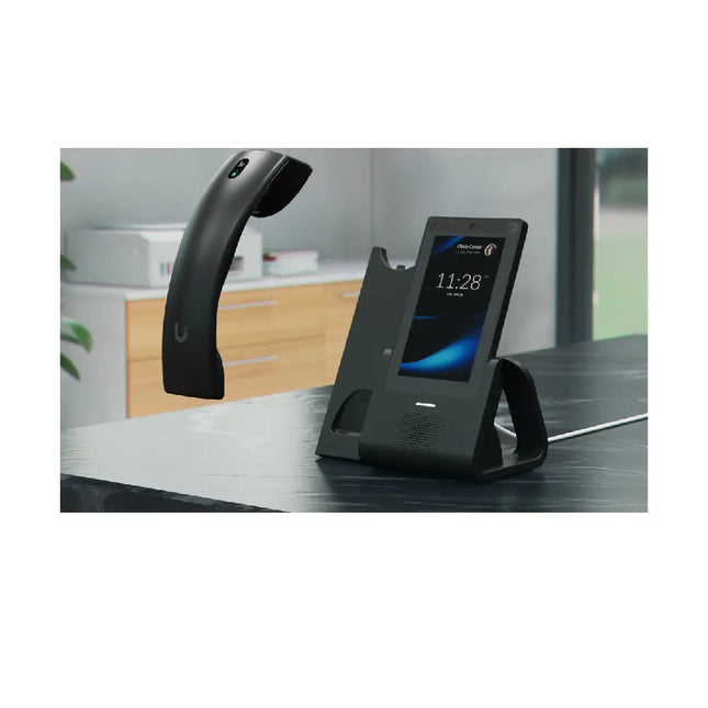 Ubiquiti UT-G3-Handset resting on its charging base featuring pogo pin connection points.