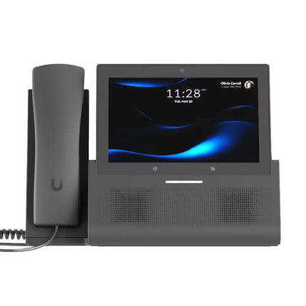 Front-facing view of the Ubiquiti UTP-G3-Touch-Enterprise VoIP phone highlighting its 7-inch vibrant color touchscreen interface.
