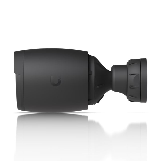 Detail view of 3x optical zoom lens and IR LEDs on Ubiquiti UVC AI Pro camera in black
