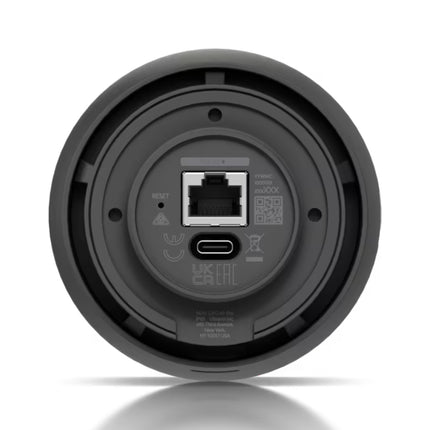 Black Ubiquiti UVC-AI-Pro camera mounted on an outdoor wall enclosure
