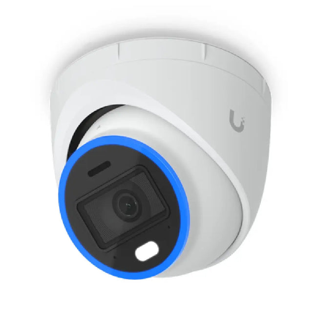 Front profile view of the Ubiquiti UVC-AI-Turret 4K PoE+ security camera mounted outdoors.