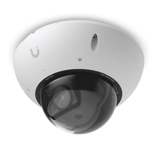 Ubiquiti UVC-G6-Pro-Dome 4K security camera mounted on an outdoor ceiling showing its vandal-proof housing.