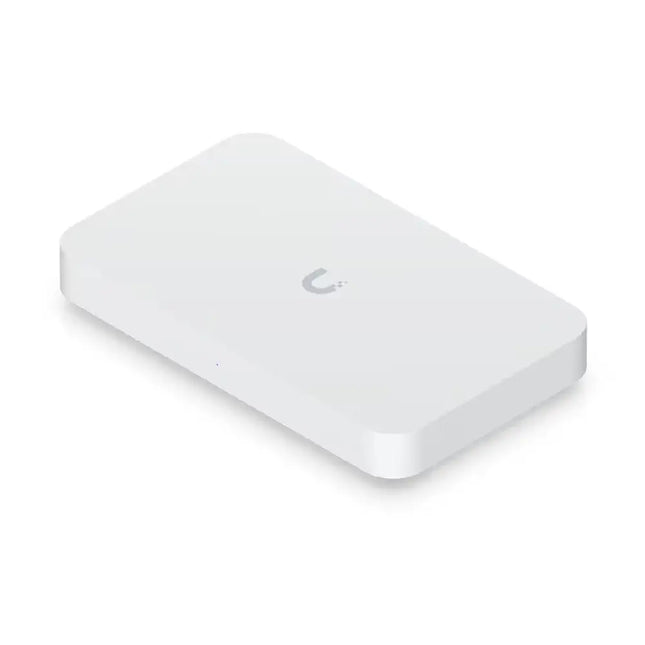Ubiquiti UXG-Fiber 10G security gateway desktop layout showcasing high-speed ports and cooling layout.