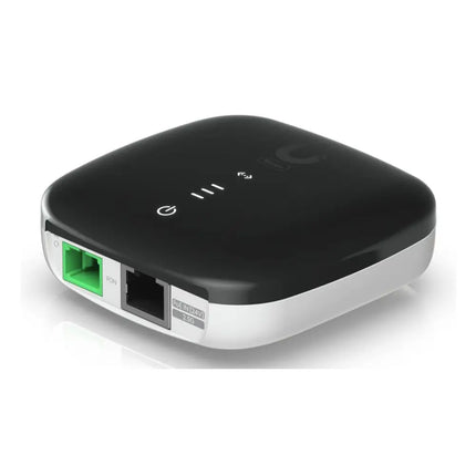 Front angle view of the Ubiquiti WaveFiber ONU showing its compact polycarbonate housing and status indicators.