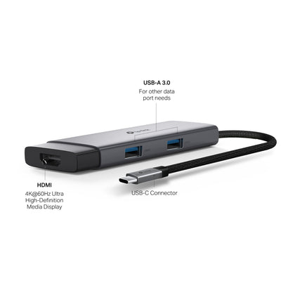 Side view of the TP-Link UH5020C hub highlighting the 100W Power Delivery pass-through fast charging port.