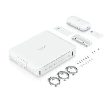 Interior view of Ubiquiti UISP Box Plus highlighting organized fiber routing and strain relief kit.