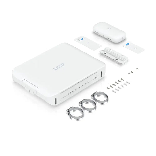 Interior view of Ubiquiti UISP Box Plus highlighting organized fiber routing and strain relief kit.