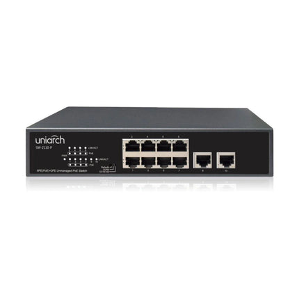 Front perspective view of the UniArch SW-2110-P 10-port unmanaged desktop PoE switch, featuring a rugged all-metal enclosure and diagnostic status indicator LEDs.