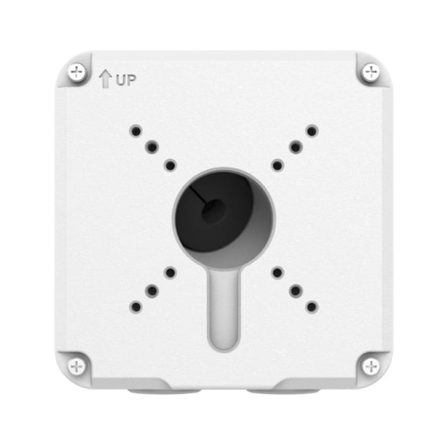 Close-up view of universal camera mounting hole pattern, rubber seal gasket, and cable pass-through port on Uniarch TR-JB07-D-IN.
