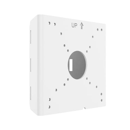 Uniarch TR-UP06-C-IN white vertical pole mount adapter with adjustable stainless steel metal straps.