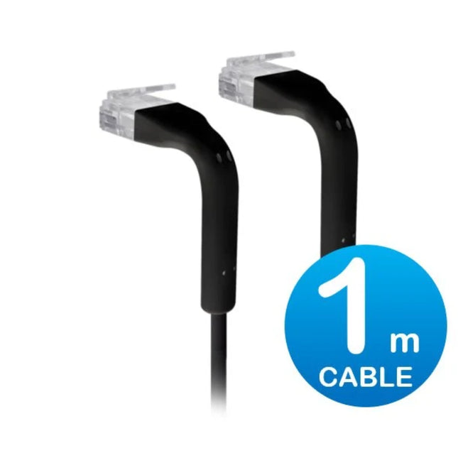 Ubiquiti UniFi 1-meter black ultra-thin Cat6 RJ45 patch cable with dual 90-degree bendable boots.