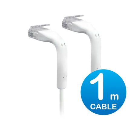 Ubiquiti UniFi 1-meter white ultra-thin Cat6 RJ45 patch cable with dual 90-degree bendable boots.