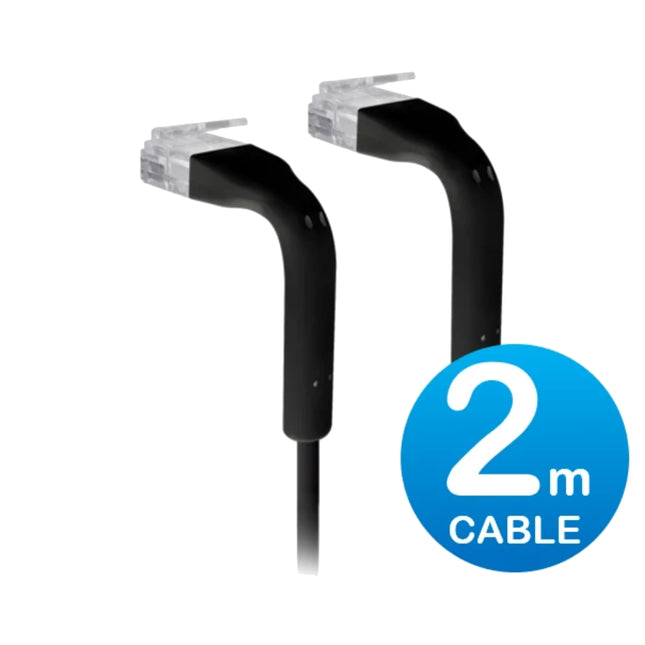 Ubiquiti UniFi 2-meter black ultra-thin Cat6 RJ45 patch cable with dual 90-degree bendable boots.