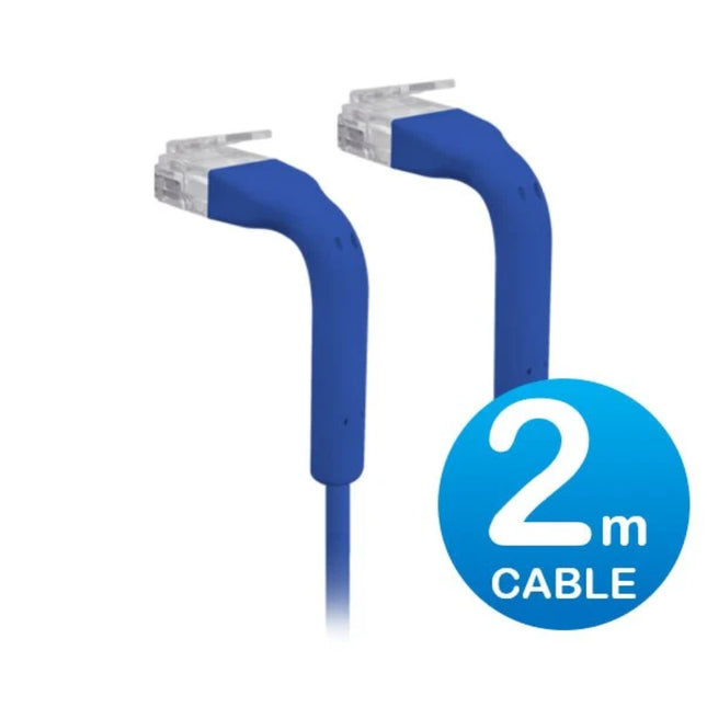 Ubiquiti UniFi 2-meter blue ultra-thin Cat6 RJ45 patch cable with dual 90-degree bendable boots.