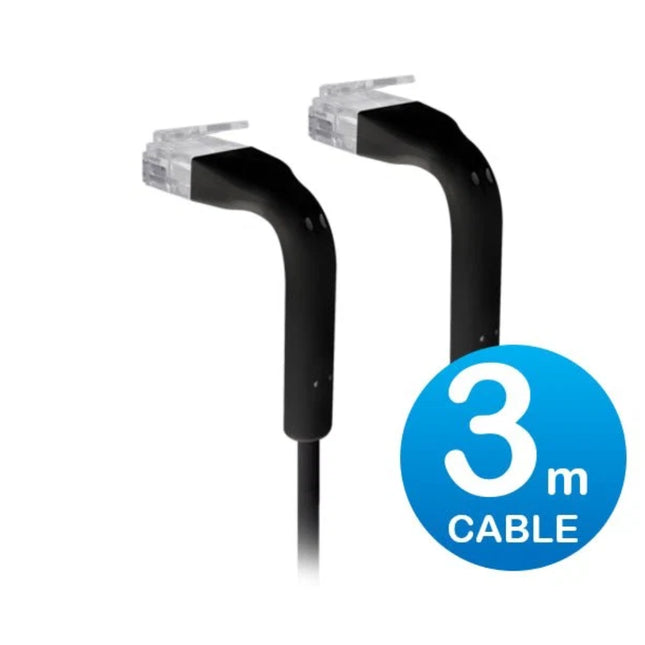 Ubiquiti UniFi 3-meter black ultra-thin Cat6 RJ45 patch cable with dual 90-degree bendable boots.