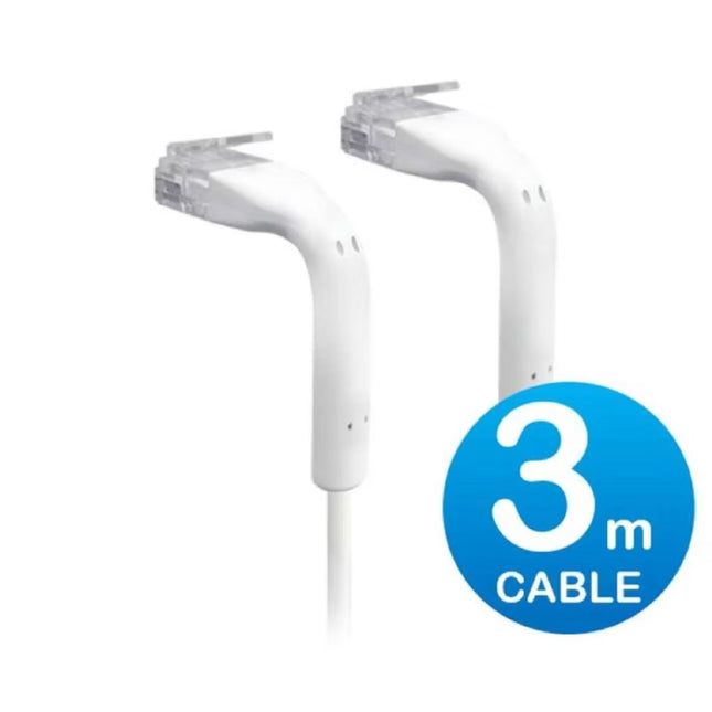 Ubiquiti UniFi 3-meter white ultra-thin Cat6 RJ45 patch cable with dual 90-degree bendable boots.