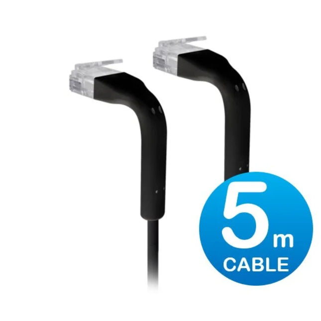 Ubiquiti UniFi 5-meter black ultra-thin Cat6 RJ45 patch cable with dual 90-degree bendable boots.