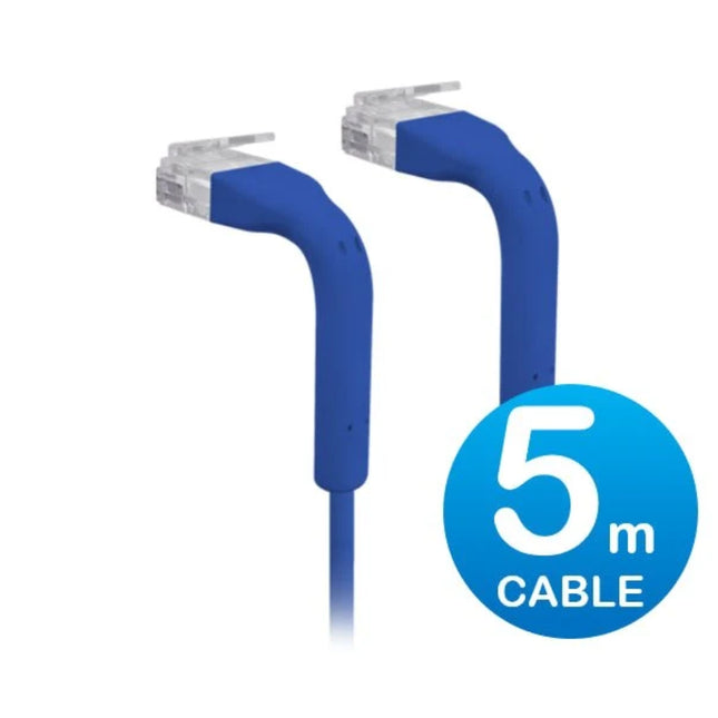 Ubiquiti UniFi 5-meter blue ultra-thin Cat6 RJ45 patch cable with dual 90-degree bendable boots.