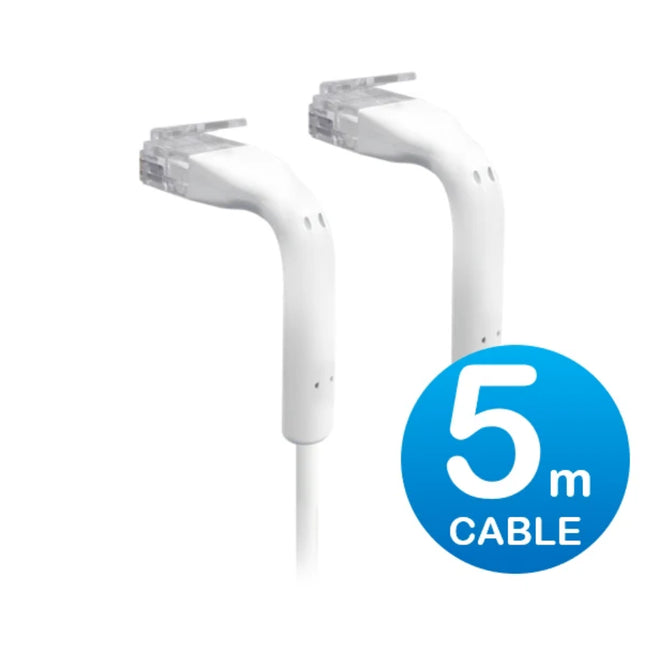 Ubiquiti UniFi 5-meter white ultra-thin Cat6 RJ45 patch cable with dual 90-degree bendable boots.