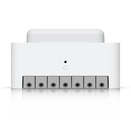 Rear angle view of the Ubiquiti UA-Hub-Door-Mini clipped securely into its included low-profile DIN rail mounting bracket for tidy network enclosure placement.