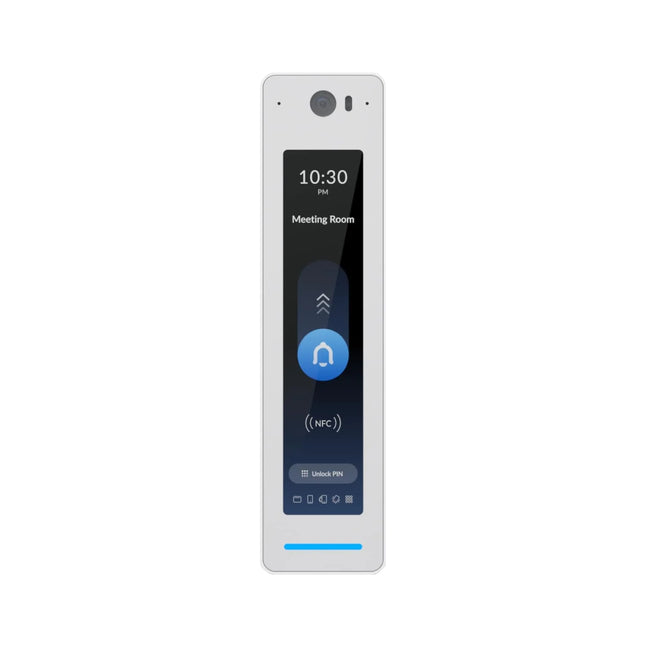 Close-up of a user interacting with the UniFi Access G3 Reader Pro touchscreen screen interface, showcasing the built-in intercom system camera and employee greeting prompt.