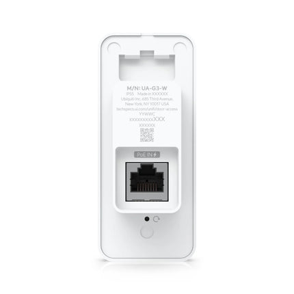 Rear view of the Ubiquiti UniFi Access G3 Reader showing the mounting bracket plate and the secure Power over Ethernet PoE RJ45 port connection.
