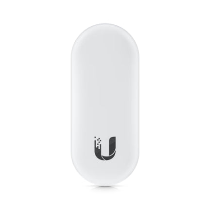 Front view of the minimalist white Ubiquiti UniFi Access Reader Lite (UA-Lite) showcasing its compact cylindrical design, contactless NFC symbol, and signature circular LED status ring.