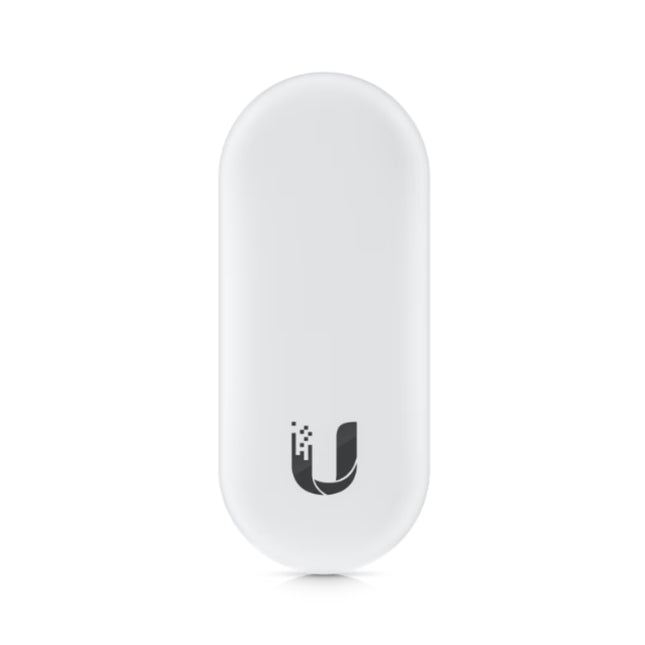 Front view of the minimalist white Ubiquiti UniFi Access Reader Lite (UA-Lite) showcasing its compact cylindrical design, contactless NFC symbol, and signature circular LED status ring.