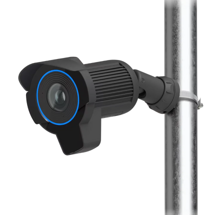 UniFi AI LPR ANPR camera pole-mounted at a gate to capture vehicle licence plates on entry and exit
