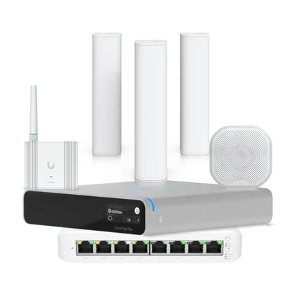 UniFi Protect starter kit with three motion sensors, SuperLink Gateway, PoE siren, CloudKey+ SSD and Lite 8 PoE switch
