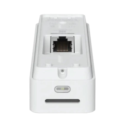 Back and side view of the UniFi Doorbell Lite showing the 10/100 MbE RJ45 single-cable PoE installation port with the included 20-degree wedge mounting bracket.