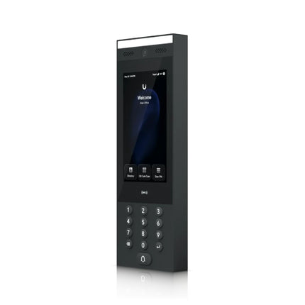 Close-up of the high-luminance 7-inch capacitive multi-touch portrait screen on the UniFi G3 Intercom displaying the digital visitor directory search and doorbell request menu.